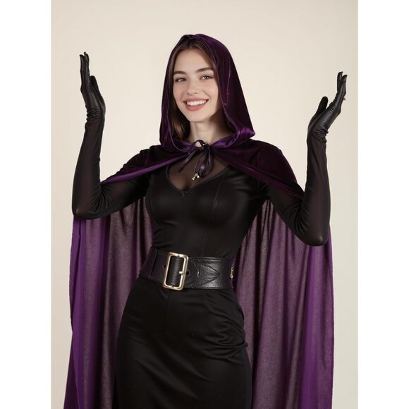 Women Purple Witch Imported Velvet Cloak Halloween Hooded Cape Medieval Costume - Picture 2 of 7